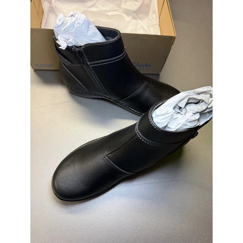 Clarks Ashland Mabel Black Tumbled Leather Ankle Boots Side Zip Womens 8.5‎ M